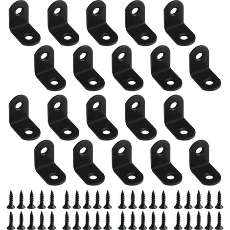 Lot de 20 Équerre de Fixation en Métal 25x25mm, Equerre Angle Support en Forme de L avec 40Pcs Vis, Connecteur D'Angle pour la Fixation et la Réparation Meubles, Étagères, Armoire, Bois (Noir) (1/5)