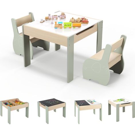 GOPLUS Ensemble Table et Chaises pour Enfants 3PCS, avec Plateau Rabattable, Dossier Ergonomique, 4-en-1 Table d'Activités en MDF avec Motif d'éléphant, pour 3-6 Ans(Vert)