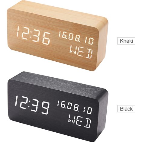 Réveil de bureau en bois avec commande vocale, date, température réglable, 3 affichages de luminosité, horloges numériques LED pour chambre à coucher, chevet (1/5)
