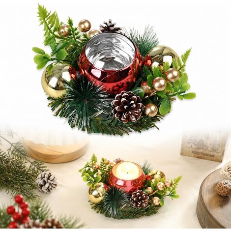 Bougeoir de Noël en fer avec couronne de pin et boules dorées, 12 x 12 x 6 cm, décoration de table pour bougie chauffe-plat (1/5)