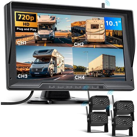 Caméra de recul numérique sans Fil 4 avec écran 10,1 Pouces, HD 720p, Enregistrement de Vision Nocturne étanche IP68, système de caméra de recul Quadruple pour Camion et remorque (1/5)