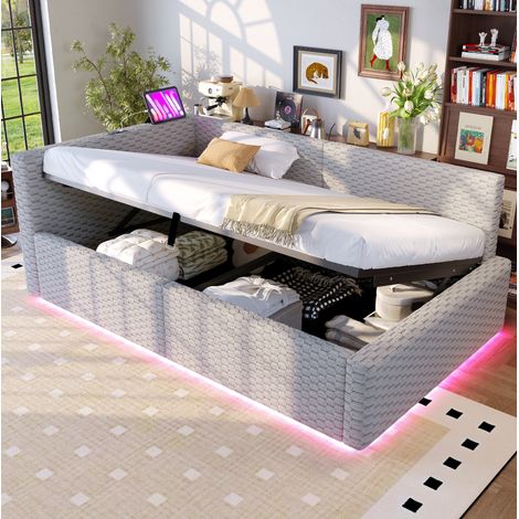 lit adulte coffre 90x200 velours gris LED OKMYHOME (1/4)