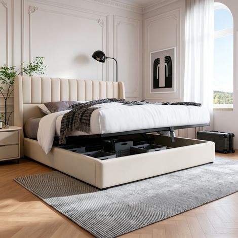 Lit coffre double 160x200 cm avec rangement,lit Hydraulique avec tête de lit rembourrée,Cadre de lit 160x200 avec sommier à lattes,sans Matelas, Lin beige (1/5)