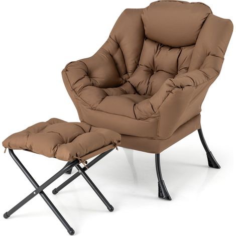 COSTWAY Modern Leisure Reading Chair Lounge Chair Lazy Chair w/ Ottoman-Brown (1/5)