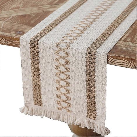 Chemin de table en macramé de coton et lin, chemin de table en jute avec pompons pour la décoration de table, 30 x 140 cm (1/5)