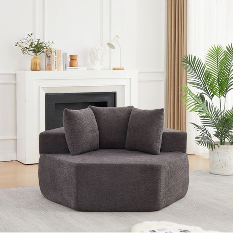 Poltrona lounge esagonale grigia in ciniglia con 3 cuscini, modulo componibile (1/5)