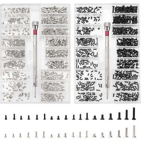 LaBlanc - Kit da 1000 viti di riparazione micro minuscole, kit di assortimento di piccole viti in acciaio inossidabile con cacciavite, viti di riparazione micro M1.2 M1.4 M2, argento e nero (1/5)