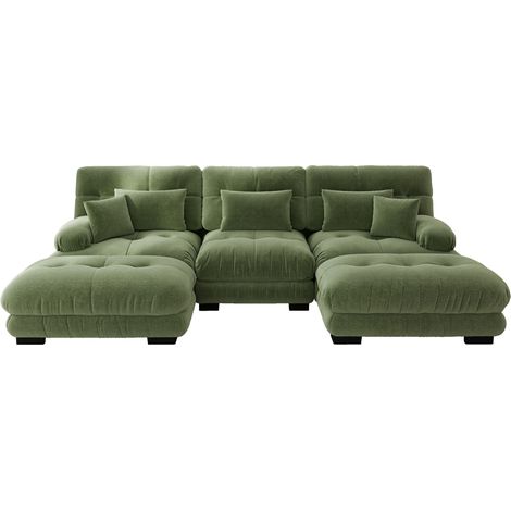 Canapé d'angle modulaire en chenille vintage vert avec ottoman - modèle en U convertible en lit (1/5)