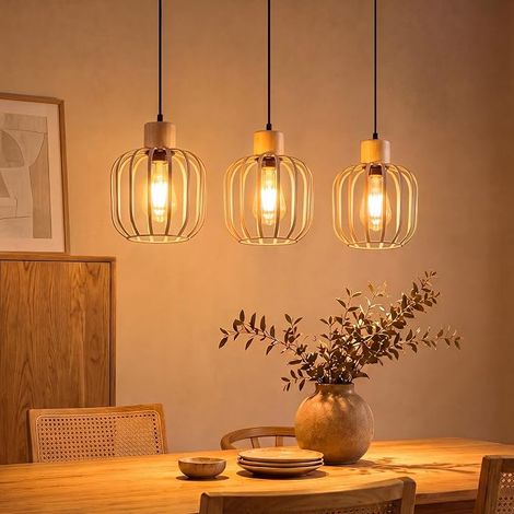 GBLY Suspensión Comedor 3 Luces Moderna Lámpara Colgante Mesa E27 Gris Madera Lámpara Cocina Pendiente para Isla Cocina Dormitorio Salón Sin Bombilla (1/5)