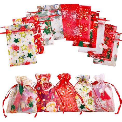 50 pcs Sacs Organza de Noël pour Cadeaux Sacs Cadeaux D'anniversaire Faveurs Bijoux pour Bonbons de Noël 10  15CM (1/4)
