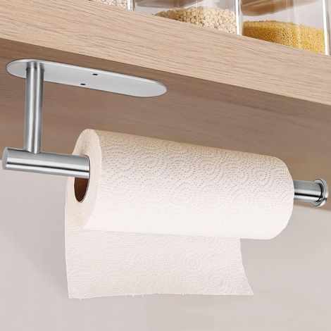 Soporte para rollo de cocina sin necesidad de taladrar, soporte de acero inoxidable para montaje en pared o debajo del armario, soporte para rollo de papel, color plata. (1/5)