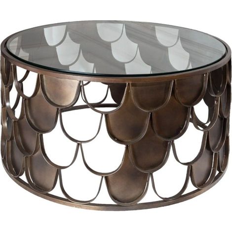 Couchtisch METRIX rund 60 cm Bronze mit Schuppenstruktur-Effekt – Design-Couchtisch aus Metall und gehärtetem Glas