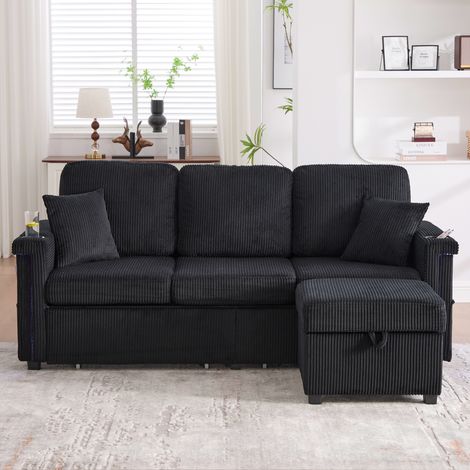 Canapé 194cm - Velours Côtelé avec LED, USB & Rangements - Pour Salon, Bureau - noir (1/5)
