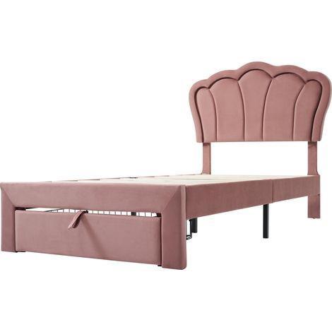 Letto singolo 90 x 190 cm in velluto rosa con cassetto, LED RGB e testiera regolabile (1/5)