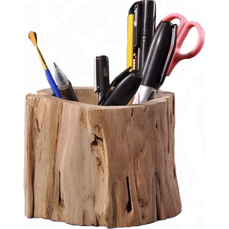 Porte-crayons en bois massif en forme de souche, écologique et créatif, porte-crayons de bureau en forme de bûche. (1/5)