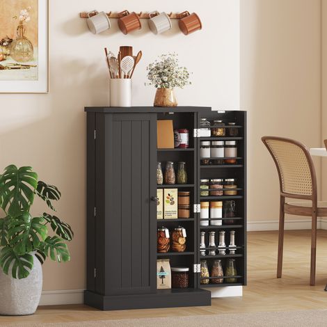 Armoire de Cuisine, Buffet Cuisine, avec 2 Portes, 12 Porte-Racks, 5 Compartiments et Étagères Réglables, Noir (1/5)