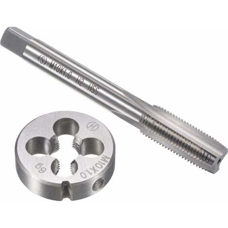 Gewindebohrer- und Schneideisensatz. Satz metrischer Gewindebohrer und Schneideisen M10 x 1 mm, HSS-Maschinengewindebohrer mit rundem Schneideisen aus legiertem Werkzeugstahl.