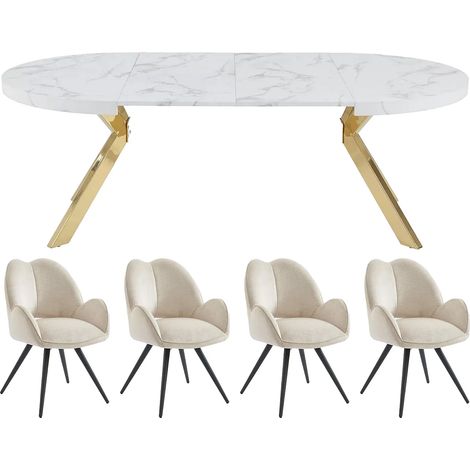Set tavolo KOMONI + 4 sedie GULSUN Effetto marmo Bianco e Beige (1/5)