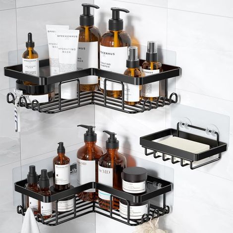 étagère de douche adhésive d'angle, avec porte-savon et 12 crochets, organiseur de salle de bain en acier inoxydable antirouille, noir, lot de 3 (1/5)