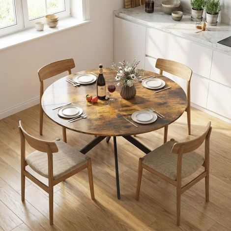 Table à manger ronde en bois brun rustique avec pieds en acier noir, Ø120 cm, 4 personnes (1/4)