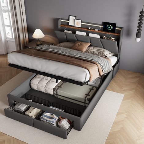 Lit Coffre 160x200 avec LED et Charge USB/Type-C et 2 Tiroirs,Tête de Lit Capitonné avec Rangement,Cadre de Lit Double Adulte avec Sommier,Gris foncé (1/5)