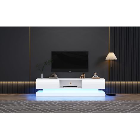 Meuble TV blanc brillant 160 cm avec éclairage LED multicolore, 2 tiroirs, pour téléviseur 60 pouces (1/5)