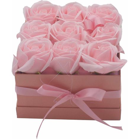 Bouquet cadeau de fleurs de savon - 9 roses roses - Carré- Vendu par 1 (1/4)