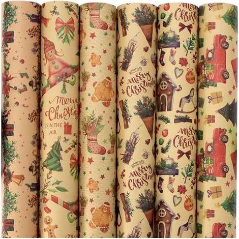 Pr Papier Cadeau Noël,12 Feuilles Papier D'emballage De Noël,Papier Kraft Emballage Cadeau Noel,Recyclé Papier Cadeau Kraft 70x50CM,pour Présent Cadeau Noël (1/5)