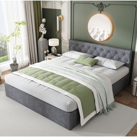 Lit coffre en velours gris 140x200 cm avec tête de lit capitonnée et sommier à lattes inclus (1/5)
