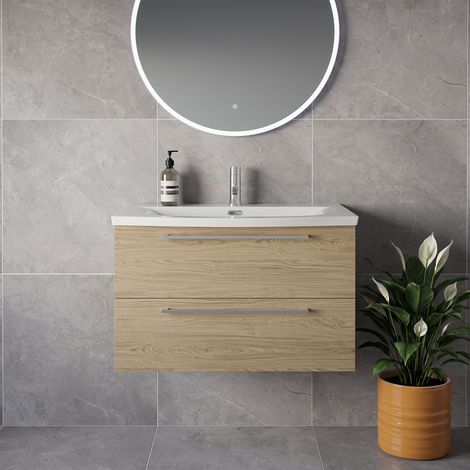 Napoli 390 Light Oak 800mm Wall Mounted 2 Drawer Vanity Unit with Arc Basin - 800mm - Chrome 480mm Handle