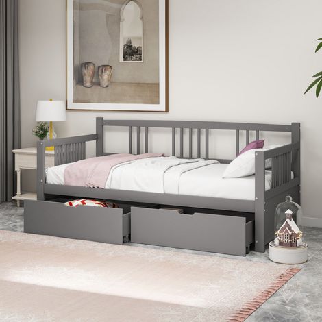 Lit gigogne 90x200cm, lit simple avec 2 tiroirs, sommier à lattes, canapé lit enfant, bois massif, scandinave, Gris (1/5)