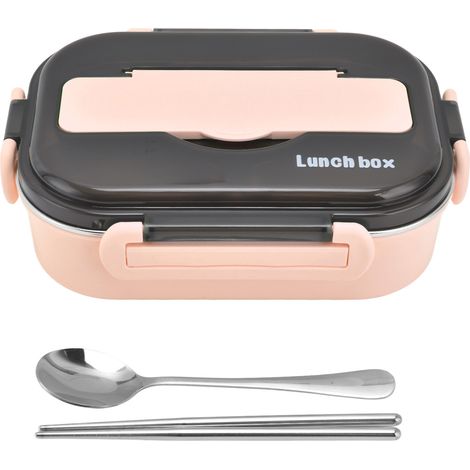 Boîte Bento 1L en Acier Inoxydable 304, Compartiments Étanches, Thermos Portative pour Pique-nique avec Bagettes et Cuillère - Rose (1/5)