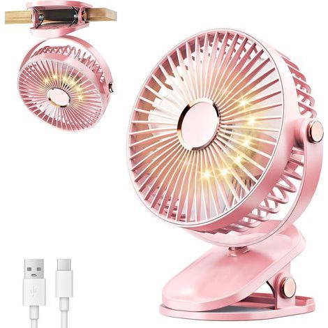 Tragbarer Clip-Ventilator, USB-Tischventilator, persönlicher Ventilator mit LED-Licht für Zuhause und Kinderwagen (rosa) (1/5)