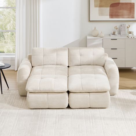 Canapé droit 2 places chenille Beige - Canapé modulable avec 2 poufs, Canapé sans montage - Garnissage mousse haute résilience (1/5)