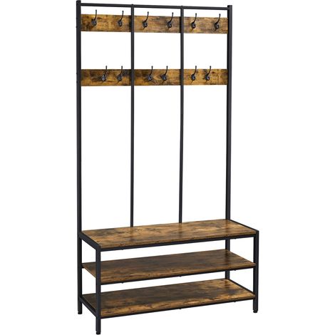 Yaheetech Grand Portemanteau, Meuble d'entrée avec 2 Étagères et Banc à Chaussures, 12 Crochets Double, Vestiaire avec Grand Espace de Rangement pour Salon Chambre Industrielle 100×35×185cm, Brun Rust