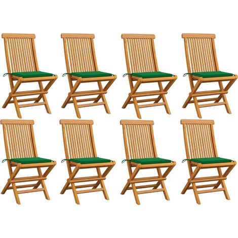 Sillas de jardín 8 uds madera maciza de teca con cojines verdes