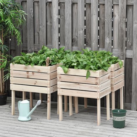 Outsunny Quadratische Hochbeete – 4er-Set modulare Hochbeete – Maße: 50 x 30 x 60 cm (L x B x H) – Bewässerungseinsätze, Schutzfolie – Natur-Tannenholz