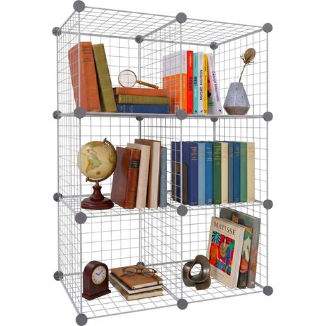 Relaxdays scaffale modulare a cubi, 6 cubi, HxLxP:110x75x37cm, griglia in metallo, argento