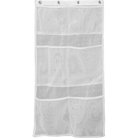 Borsa portaoggetti bianca da appendere per la doccia, realizzata in resistente tessuto a rete, per riporre gli accessori.