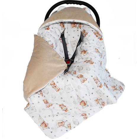 Sac de couchage avec capuche pour siège auto, velours/coton, 90x90 cm (beige + oursons bonne nuit) (1/3)