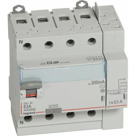 Interrupteur différentiel DX³-ID arrivée haut à vis et départ haut automatique - 4P 400V 63A typeAC 300mA - 5 modules - LEGRAND