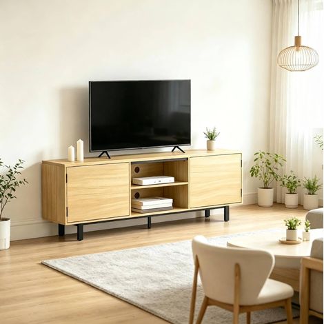 Meuble TV 160x35x55,5 cm en bois naturel, avec rangement pour salon FloraGrace (1/5)