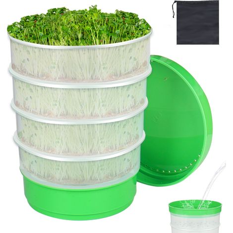 Kit de germination empilable à 6 niveaux, de forme ronde, comprenant un plateau pour la luzerne, un pare-lumière et un sac de rangement noir. Idéal pour les jardiniers amateurs. (1/5)