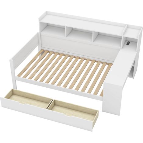 Cama banqueta 90 x 200 cm con escritorio, almacenaje, 2 cajones, enchufe y USB, blanco (1/5)