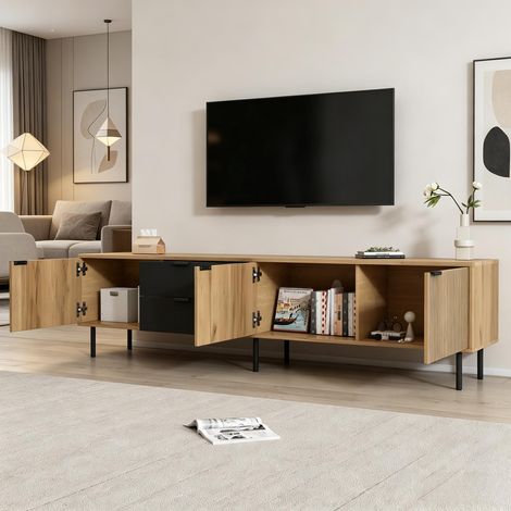 Meuble TV 208x40x48 cm, de salon pour téléviseur jusqu'à 85 pouces, Banc TV en bois moderne avec 2 tiroirs et 3 portes , Noir et Naturel (1/5)