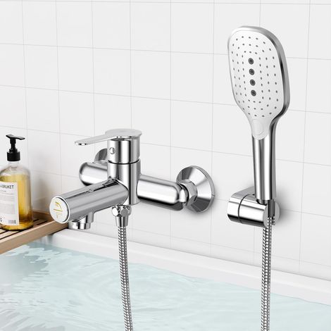Bathtub Faucet with Hand Shower, Brass Bathtub Mixer with Push Button, Chrome Shower Faucet with 3 Functions, Wall Mounted for Bathroom (1/4)