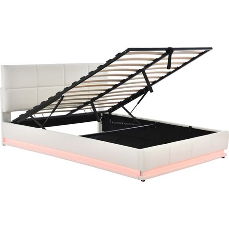 Cama canapé 160 x 200 cm blanca con LED, somier metálico y cabecero regulable (1/5)