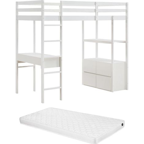 Letto a soppalco 90 x 190 cm con scrivania e vani contenitore Pino e MDF Bianco + Materasso - KALIZI (1/5)