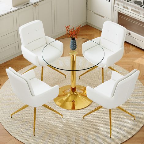 Conjunto de Mesa y 4 Sillas de Comedor, Giratorias, Respaldo Acolchado, en Vidrio Templado, Blanco y Dorado (1/5)