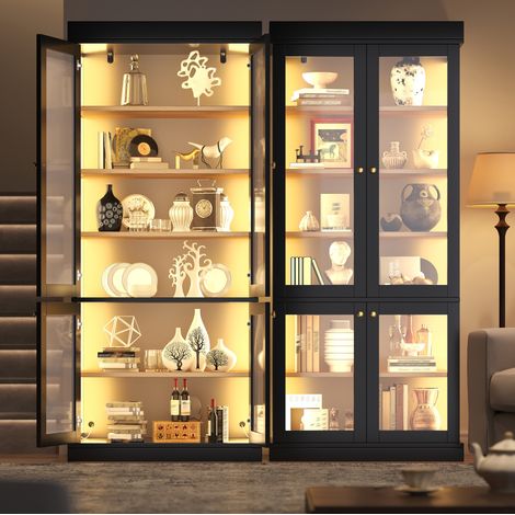 Vitrina alta de 160x40x180cm con iluminación LED multicolor, protección antivuelco, espacio de almacenamiento, para salón, MDF y cristal negro. (1/5)